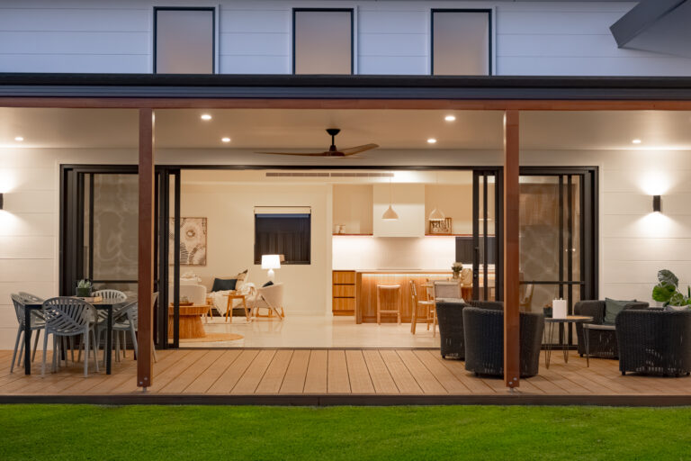 Alfresco area at dusk looking into the kitchen and living area